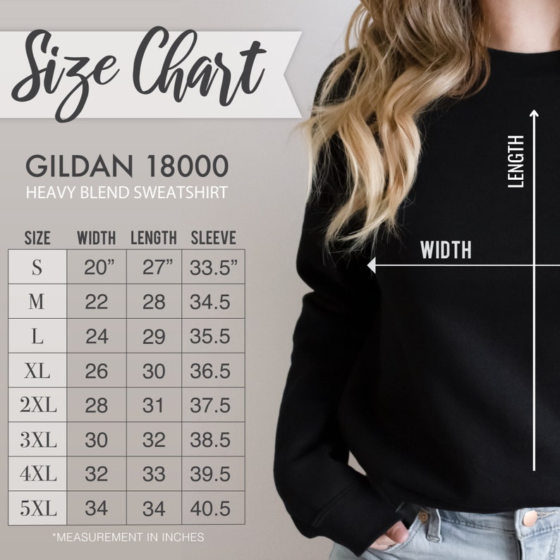 Peut inclure: Tableau des tailles pour les sweat-shirts en m&eacute;lange lourd Gildan 18000. Le tableau indique les mesures en pouces pour la largeur, la longueur et la longueur des manches pour les tailles S &agrave; 5XL.