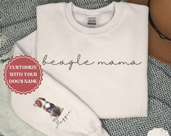 Personalized Beagle Mama Sweatshirt Gift for Beagle Mom,  Custom Beagle Mama Crewneck Sweater, Dog Lover Name on Sleeve Beagle Shirt for Her