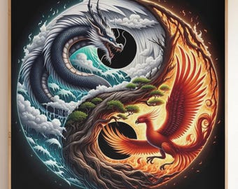 龍と鳳凰の陰陽｜ファンタジーウォールアート、火と水のデザイン、印刷