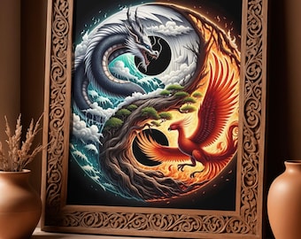 龍と鳳凰の陰陽｜ファンタジーウォールアート、火と水のデザイン、印刷
