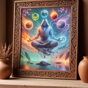 May include: A framed artwork depicts a meditating figure in a white robe, surrounded by celestial orbs and flames. The artwork is set in a wooden frame with ornate carvings. The color palette includes blues, oranges, and purples, creating a mystical atmosphere.