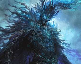 May include: A dark blue, shadowy figure with a flowing cape and a glowing blue sword. The figure appears to be a powerful and menacing creature.