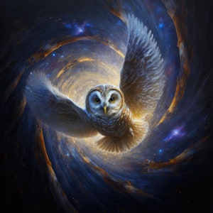 May include: A white owl with brown markings flies through a swirling galaxy of blue, gold, and purple. The owl's eyes are bright yellow and its wings are spread wide.