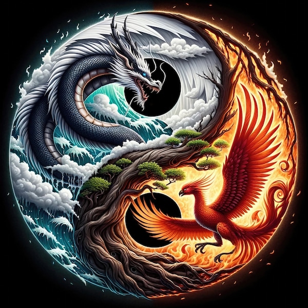 Dragon and Phoenix Yin and Yang Download, Instant Downloadable Wallpaper, Digital Download Poster, Digital Art, Downloadable Fantasy Art