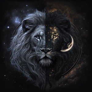 Peut inclure: Un lion noir et blanc avec une crinière de longs cheveux flottants. Le visage du lion est divisé en deux, un côté montrant un ciel nocturne avec des étoiles et une lune croissante, et l'autre côté montrant un fond sombre et ombragé.