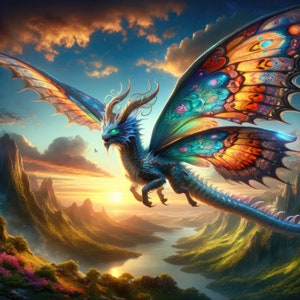 Butterfly Dragon Download, Dragon Instant Downloadable Wallpaper, Digital Download Poster, Digital Art, Downloadable Fantasy Art