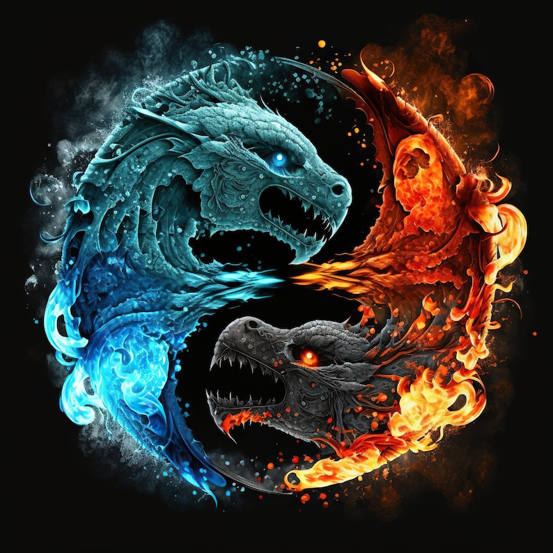 Dragones de hielo y fuego: descarga de arte digital Yin y Yang, arte de fantasía para imprimir y papel tapiz, descarga digital de alta resolución imagen 1