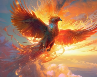 Nedladdning av Phoenix från den uppgående solen, utskrivbar konst, direkt nedladdningsbar bakgrundsbild, digital nedladdningsaffisch, digital konst, fantasikonst