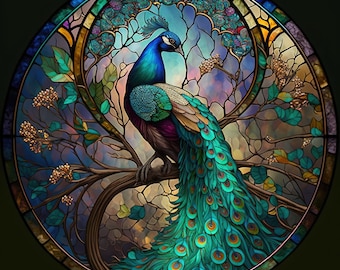 May include: A stained glass window design featuring a peacock with vibrant blue, green, and gold feathers. The peacock is perched on a branch with intricate details in the background.