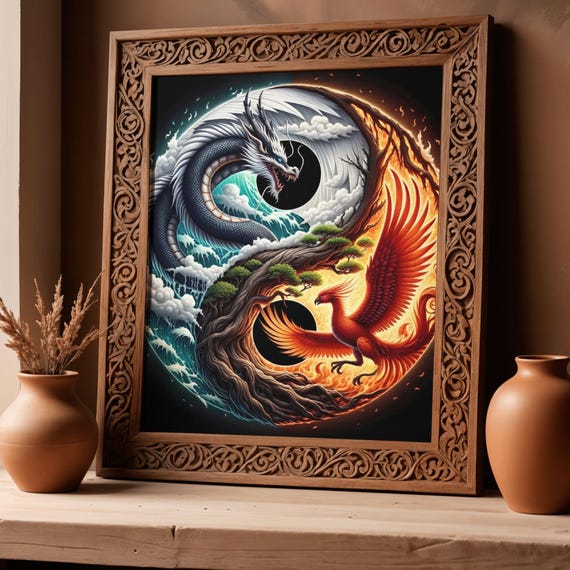 龍と鳳凰の陰陽｜ファンタジーウォールアート、火と水のデザイン、印刷