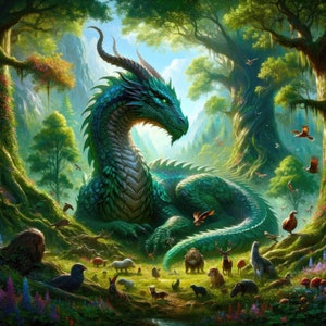 Grüner Walddrache - Fantasy Digital Art Download, Drachenkunst für Print und Tapete, hochauflösender digitaler Download