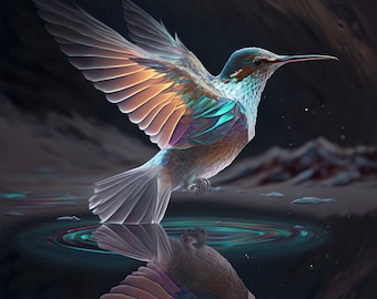 Crystal Hummingbird Download, Hummingbird Instant Downloadable Wallpaper, Digital Download Poster, Digital Art, Downloadable Fantasy Art