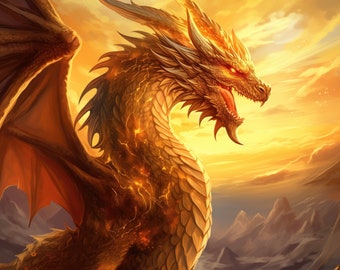 Golden Dragon - Fantasy Digital Art Download, Dragon Art for Print and Wallpaper, High Resolution Digital Download