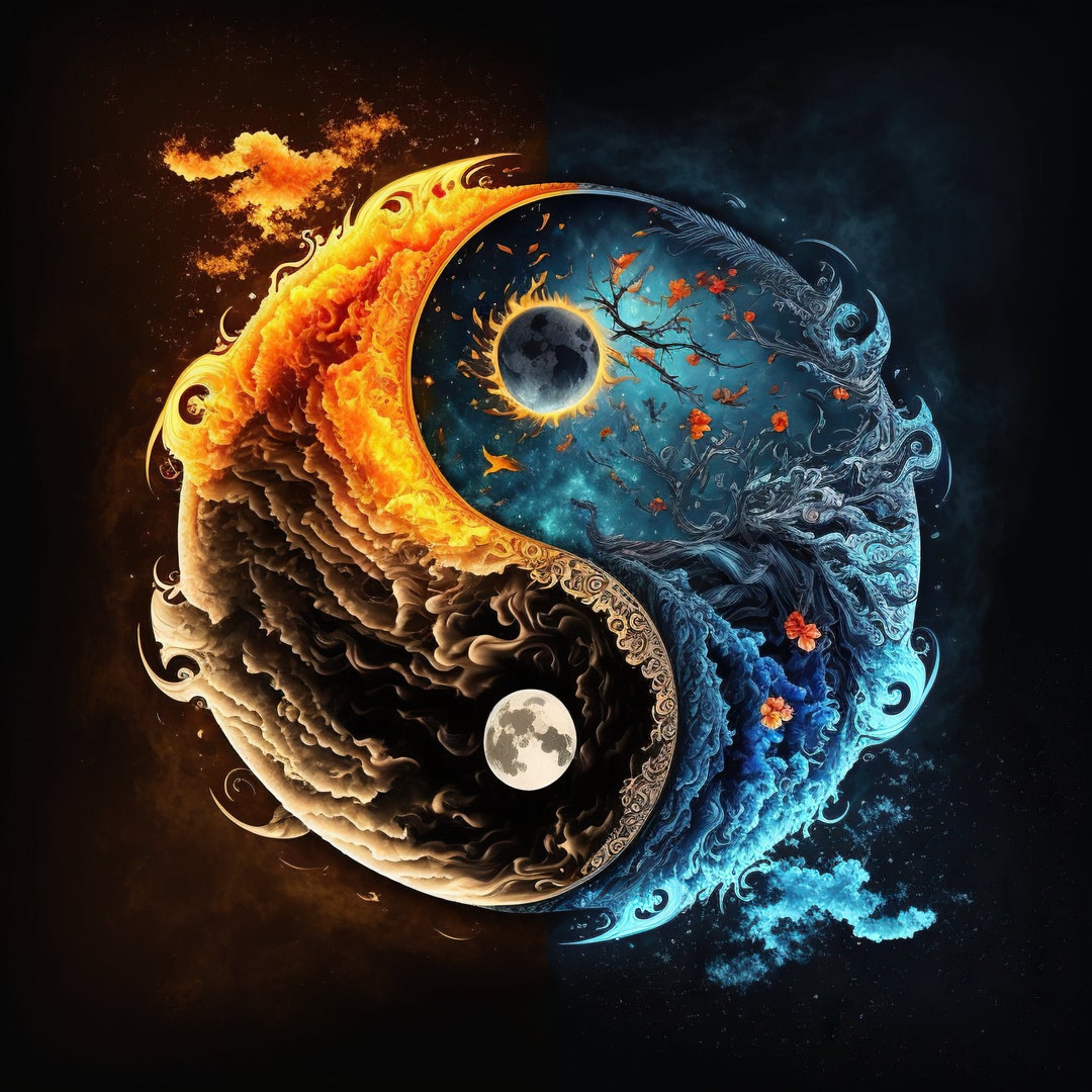 Water Fire Sun Moon Yin Yang Download, Instant Downloadable Wallpaper