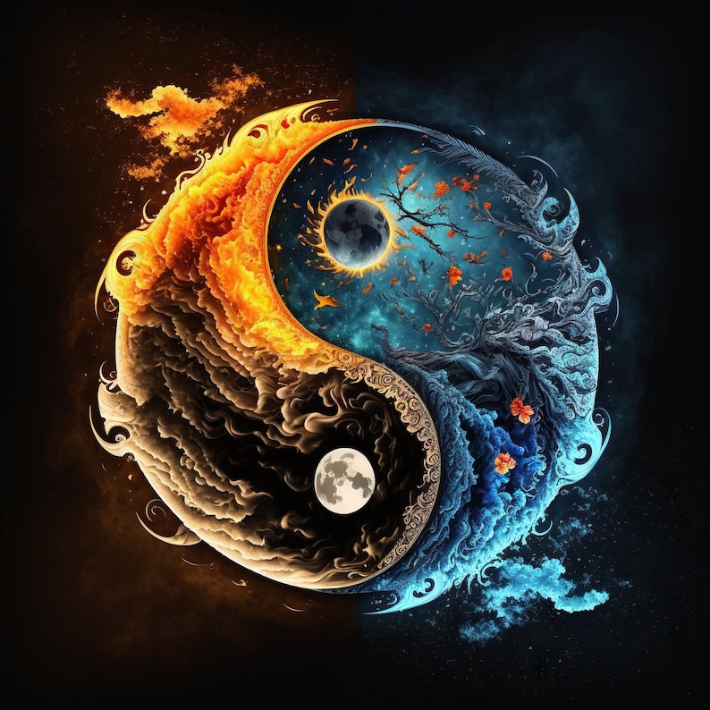 Water Fire Sun Moon Yin Yang Download, Instant Downloadable Wallpaper, Digital Download Poster, Digital Art, Downloadable Fantasy Art image 1