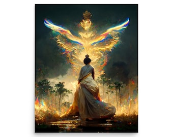 Rise of the Phoenix | Golden Phoenix Poster | Phoenix Print | Goddess Print | AI Art | Digital Art Poster | Fantasy Art Poster