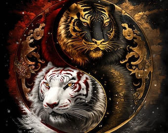 White and Gold Tigers Yin and Yang High Resolution Digital Download