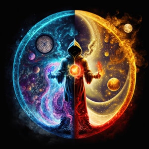 May include: A hooded figure stands between two swirling galaxies, one blue and one orange. The figure is wearing a robe that is split down the middle, with one side blue and the other side orange. The figure is holding a glowing orb in each hand.