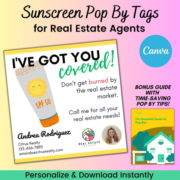Real Estate Summer Sunscreen Real Estate Pop By Tag | Real Estate Marketing | Editable Canva Template | Printable Instant Download