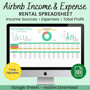 May include: A computer screen displaying a Google Sheets spreadsheet for tracking Airbnb income and expenses. The spreadsheet includes a chart showing total income, expenses, and profit for each month of the year. The spreadsheet also includes a pie chart showing the total annual profit. The text on the screen reads "Airbnb Income & Expense Rental Spreadsheet Income Sources • Expenses • Total Profit".