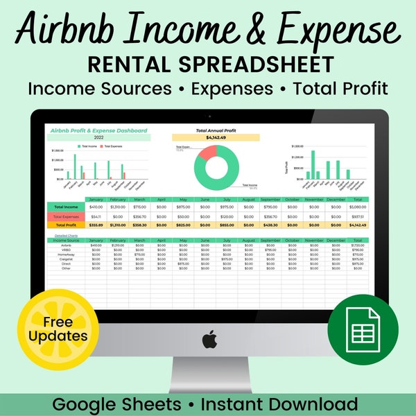 Airbnb Spreadsheet | Vacation Rental Income and Expense Tracker | Rental Spreadsheet | Google Sheets Template