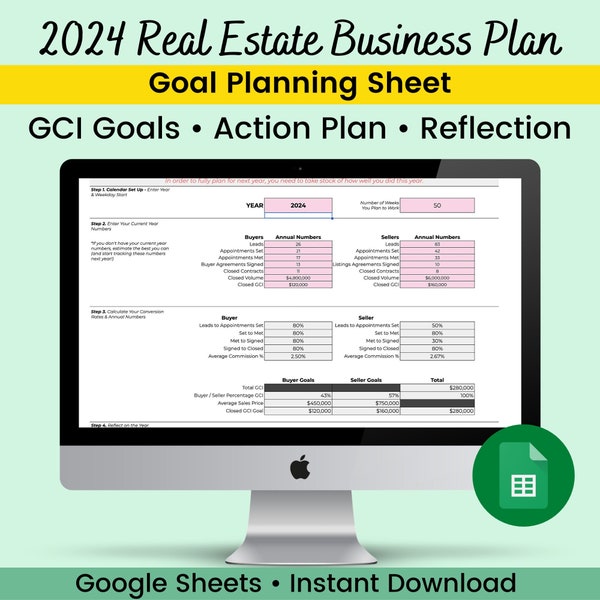 Immobilien-Businessplan 2024 | Zielvereinbarung | Kalkulationstabelle für Makler | Lead Generation Template | Google Sheets Kalkulationstabelle