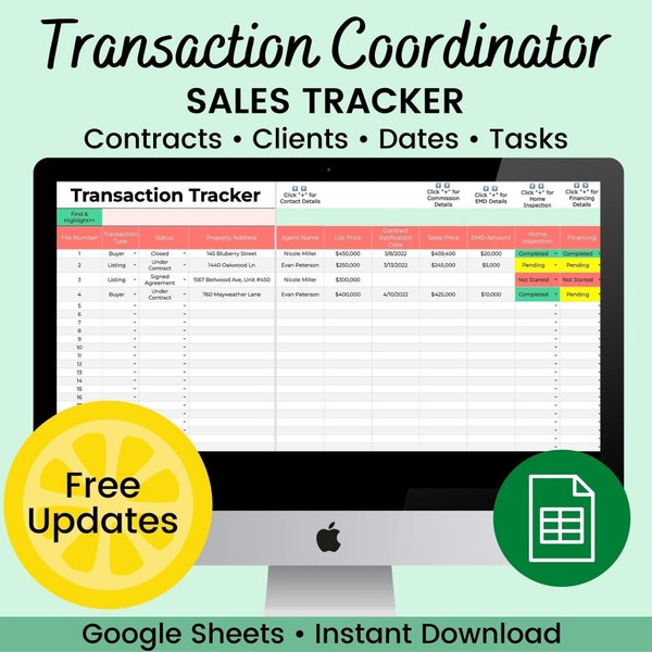 Coordinador de transacciones Rastreador de contratos / Gestión de transacciones / Hoja de cálculo de cliente de agente inmobiliario / Plantilla de Google Sheets