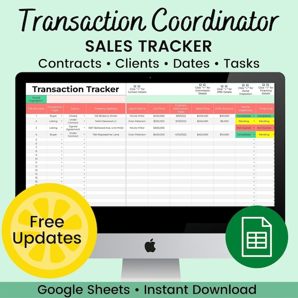 Coordinador de transacciones Rastreador de contratos / Gestión de transacciones / Hoja de cálculo de cliente de agente inmobiliario / Plantilla de Google Sheets