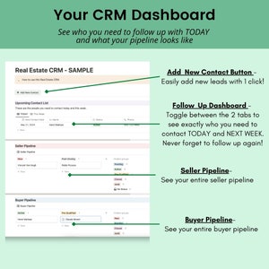 Op de afbeelding: Een screenshot van een computerscherm met een CRM-dashboard voor makelaars. Het dashboard heeft secties voor het toevoegen van nieuwe contacten, het beheren van aankomende contacten en het bekijken van verkoop- en koop-pipelines. Het dashboard bevat ook een follow-up-dashboard met tabbladen voor vandaag en volgende week.