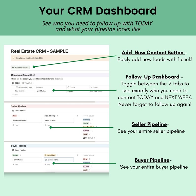 Op de afbeelding: Een screenshot van een computerscherm met een CRM-dashboard voor makelaars. Het dashboard heeft secties voor het toevoegen van nieuwe contacten, het beheren van aankomende contacten en het bekijken van verkoop- en koop-pipelines. Het dashboard bevat ook een follow-up-dashboard met tabbladen voor vandaag en volgende week.