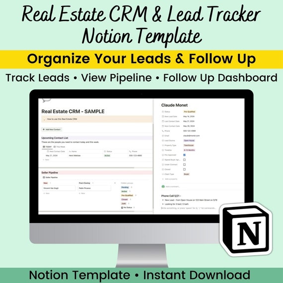Real Estate CRM | Buyer & Seller Lead Pipeline Tracker | Real Estate Client Tracker  | Lead Follow Up Template | Notion Template