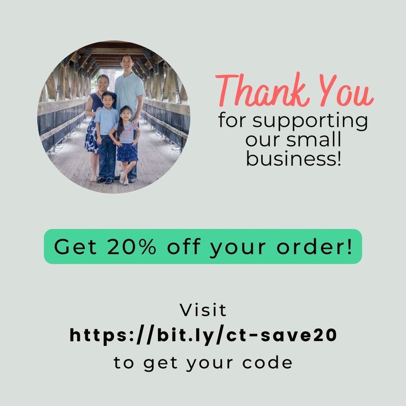 May include: A family of four stands on a wooden bridge. The parents are wearing casual clothing, and the two children are wearing matching outfits. The image includes the text "Thank You for supporting our small business! Get 20% off your order! Visit https://bit.ly/ct-save20 to get your code."
