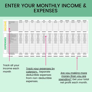 May include: A monthly income and expense tracker spreadsheet with columns for each month of the year. The spreadsheet includes categories for income, total, advertising, continuing education, and other expenses. The spreadsheet also includes a row for total expenses and net profit.