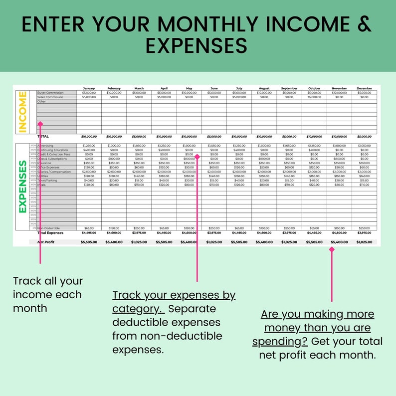 May include: A monthly income and expense tracker spreadsheet with columns for each month of the year. The spreadsheet includes categories for income, total, advertising, continuing education, and other expenses. The spreadsheet also includes a row for total expenses and net profit.