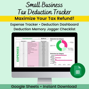 Puede incluir: Una pantalla de computadora que muestra una hoja de cálculo de Google Sheets con un rastreador de deducciones de impuestos para pequeñas empresas. La hoja de cálculo incluye una lista de gastos, un monto total de deducciones de $ 1,570.44 y un gráfico circular que muestra las deducciones por categoría. El texto "¡Maximice su reembolso de impuestos!" se muestra en la parte superior de la pantalla.