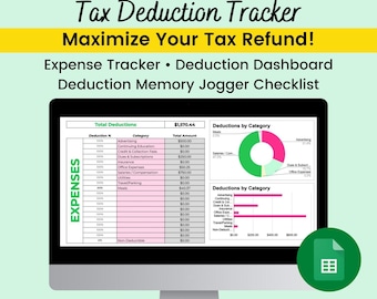 Tax Deduction Tracker | Small Business Deductions Checklist | Expense Tracker | Google Sheets Spreadsheet