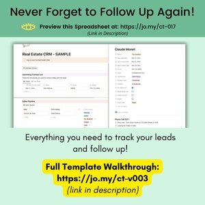Op de afbeelding: Een screenshot van een computerscherm met een sjabloon voor een vastgoed-CRM. Het sjabloon bevat secties voor aankomende contactlijsten, verkoop-pipelines en leadtracking. De tekst "Never Forget to Follow Up Again!" staat bovenaan het scherm. De tekst "Everything you need to track your leads and follow up!" staat in het midden van het scherm. De tekst "Full Template Walkthrough: https://jo.my/ct-v003 (link in description)" staat onderaan het scherm.