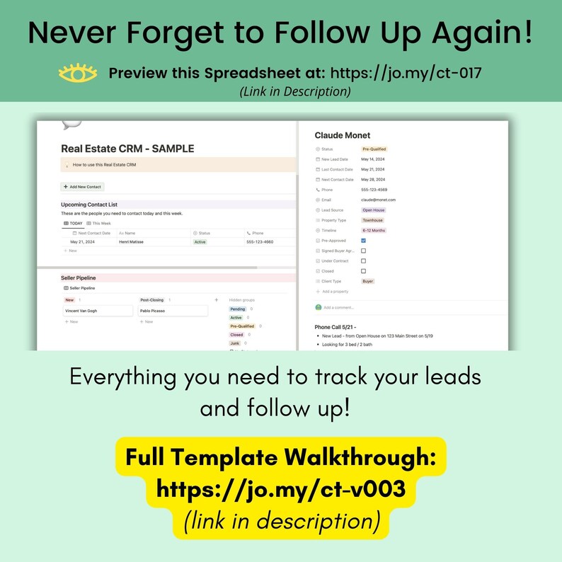 Op de afbeelding: Een screenshot van een computerscherm met een sjabloon voor een vastgoed-CRM. Het sjabloon bevat secties voor aankomende contactlijsten, verkoop-pipelines en leadtracking. De tekst "Never Forget to Follow Up Again!" staat bovenaan het scherm. De tekst "Everything you need to track your leads and follow up!" staat in het midden van het scherm. De tekst "Full Template Walkthrough: https://jo.my/ct-v003 (link in description)" staat onderaan het scherm.