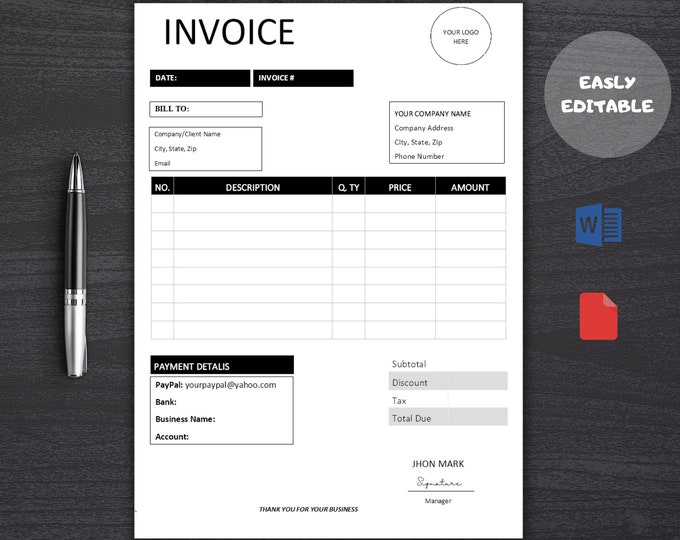 Invoice Template, Minimalist Invoice Design, Editable PDF Invoice ...