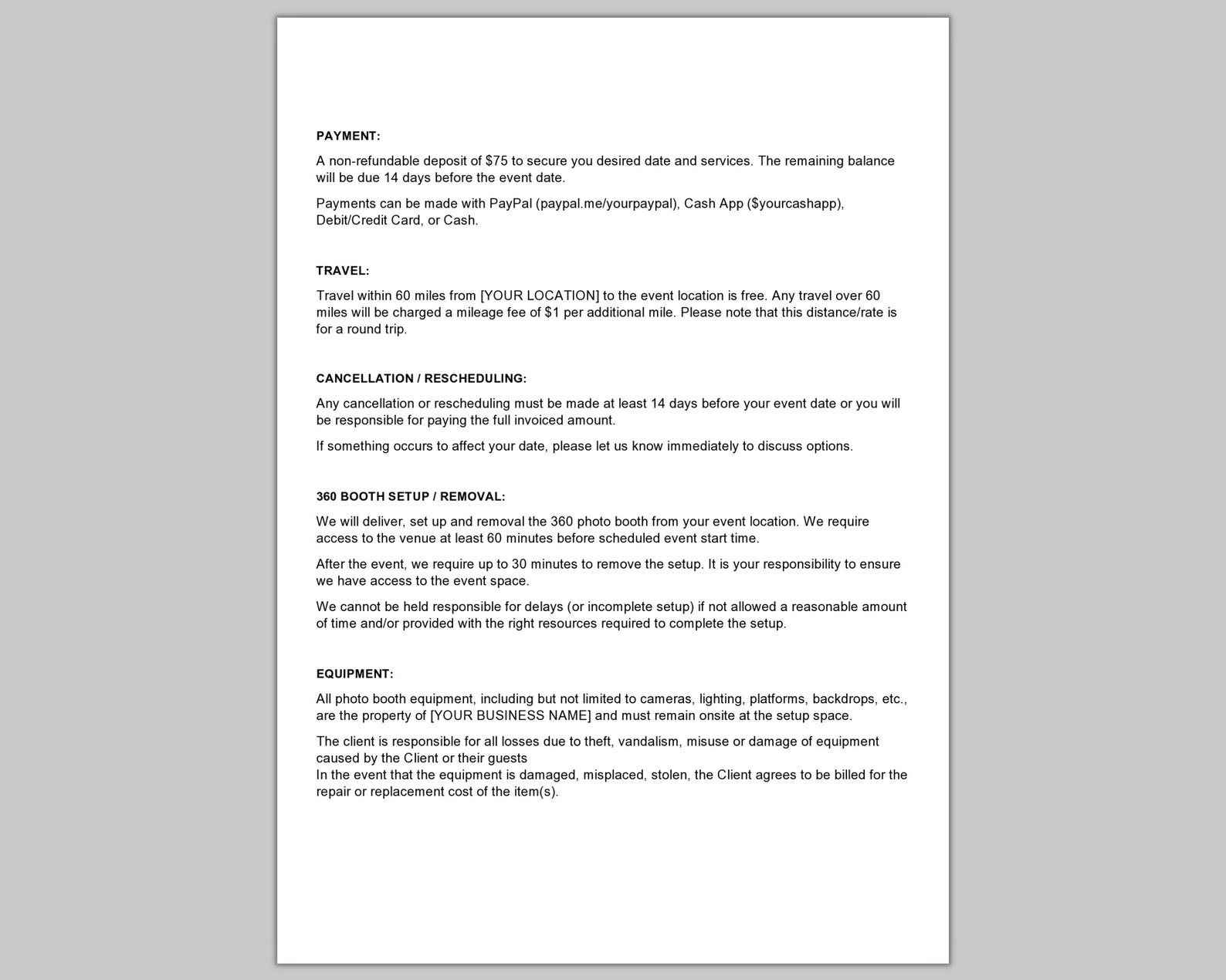 360 Photo Booth Contract Template, Photo Booth Rental Agreement Terms