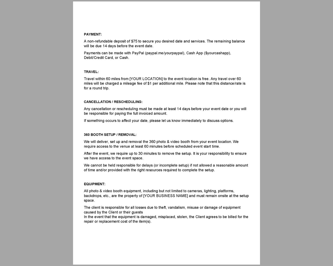 360 Photo Booth Contract Template 360 Photo and Video Booth Contract 360 Photo Booth Contract Template 360 Photo and Video Booth Contract