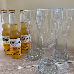 SET OF 3 Etched Wheat Design Beer Glasses