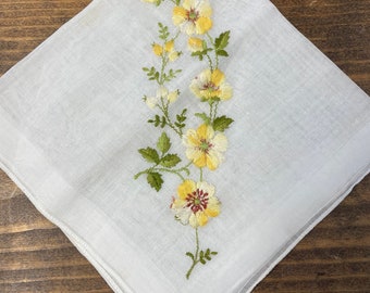 Vintage Handkerchief with Embroidered Yellow Flowers