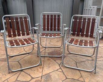 Vintage Aluminum Redwood 6 Slat Patio Folding Chairs Set of 3 Outdoor Seating