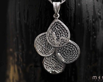Quadruple Teardrop Pendant, Silver Waterdrop Pendant, Filigree Necklace, Ethnic Necklace, Statement Necklace, Handmade Jewelry, Elegant