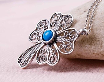 Clover Pendant with Turquoise Stone | 925 Sterling Silver Oxidized Filigree | Everyday Wear Gift for Mother's Day Anniversary & Christmas