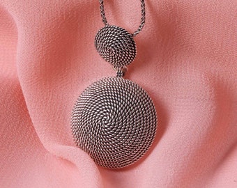 Filigree 925 Sterling Silver Double Circle Pendant with Snail Pattern. Oxidized. Everyday Wear Gift Idea for Her Ethnic Elegant