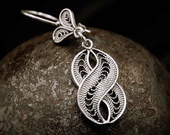 Filigree 925 Sterling Silver Infinity Earrings with Heart. Oxidized. Everyday Wear Gift Idea for Her Ethnic Elegant Jewelry