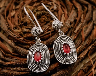 Filigree 925 Sterling Silver Long Oval Earrings with Synthetic Ruby Stone. Oxidized. Everyday Wear Gift Idea for Her Ethnic Elegant Jewelry