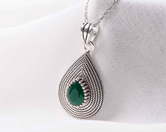 Filigree 925 Sterling Silver Teardrop Pendant with Teardrop Synthetic Emerald Stone. Oxidized Everyday Wear Gift Idea for Her Ethnic Elegant